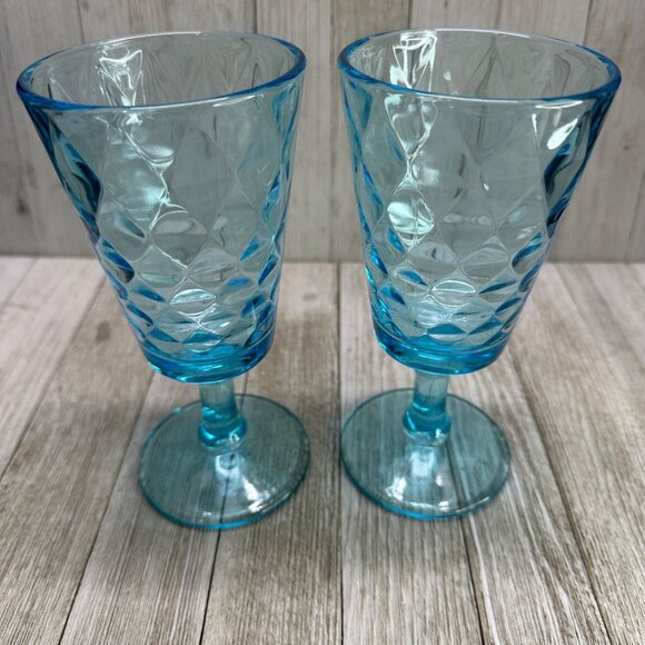 Vtg EAPG Bryce Brothers Style Water Goblets 7" Sky Blue Diamond Quilted Set of 2 - Picture 2 of 7